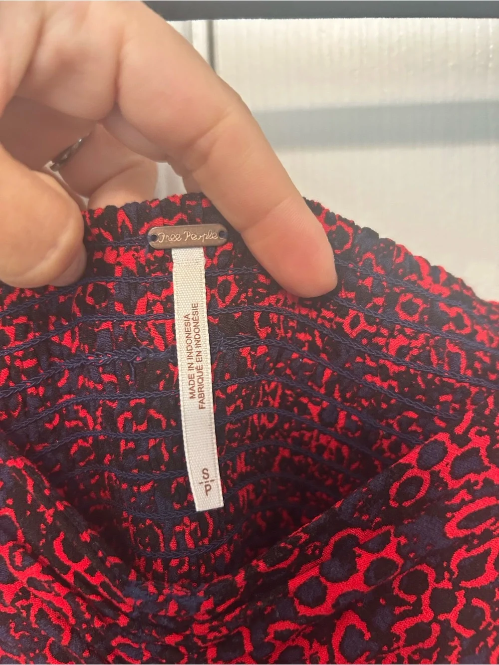 Free People Navy and Red Smocked Floral Blouse